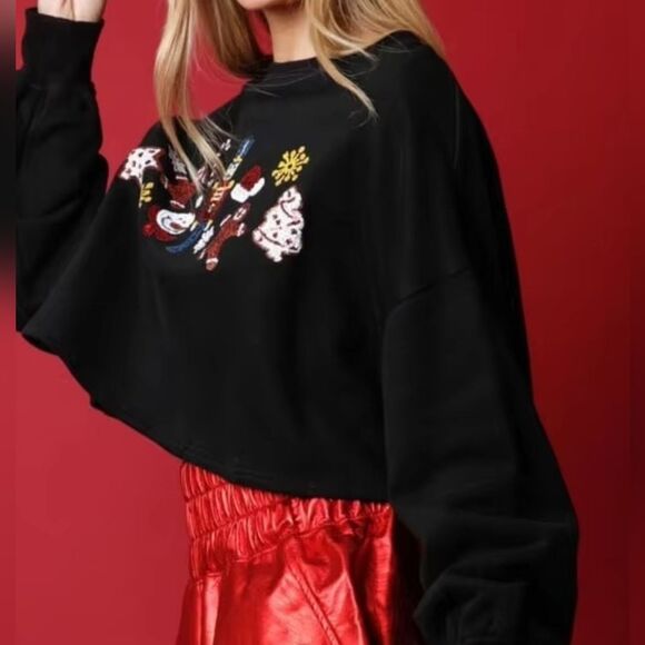 Christmas Sequin Black Cropped Sweatshirt Nutcracker Snowman Gingerbread Man sz - Picture 4 of 5